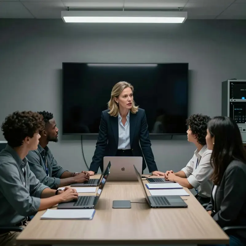 An incident response team meets around a table with a dark display, suggesting stalled escalation and reporting.