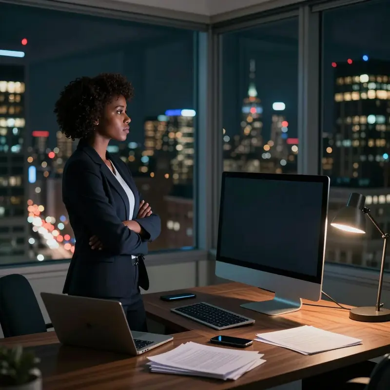 An enterprise leader stands in a nighttime office, considering AI compliance deadline management while looking out at the city skyline.