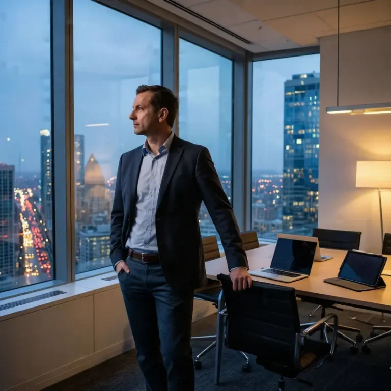AI program director in a high-rise office reflects on AI poc pitfalls while overlooking a city at dusk.