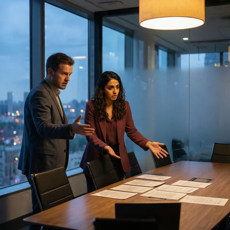Two leaders review printed materials in a dim conference room, preparing for an audit of automated decision risks.