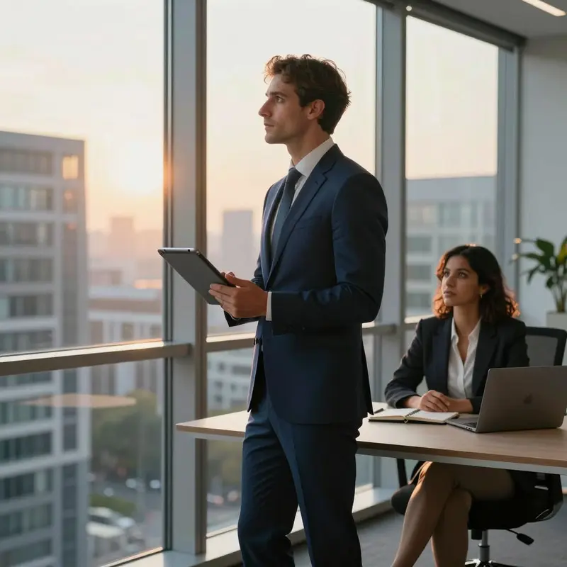 Executives in a high-rise office pause in reflection before making a platform decision.