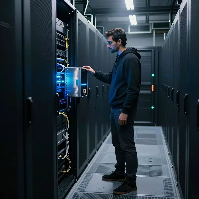 An engineer evaluates a single illuminated server node in a dark data center corridor.