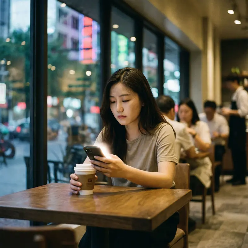 A shopper uses a smartphone in a dim café, lit by city lights and screen glow.