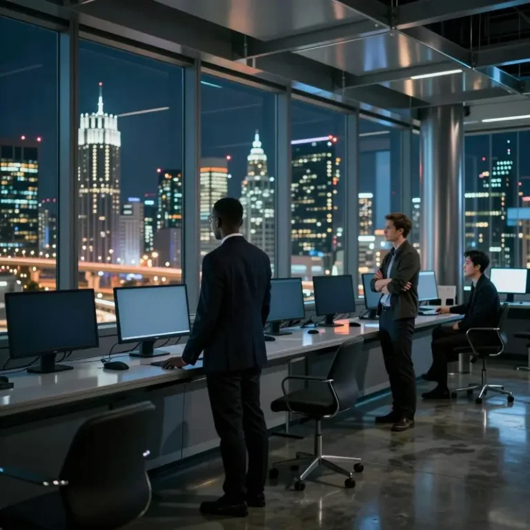 AI strategists in a nighttime control room above a city considering DeepSeek cheap AI training and shifting power dynamics.