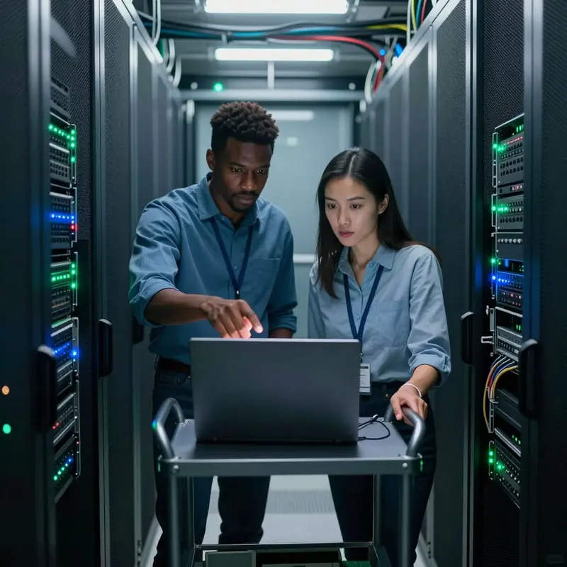 Engineers stand among servers studying a dark laptop, emphasizing invisible gaps in detection pipelines.