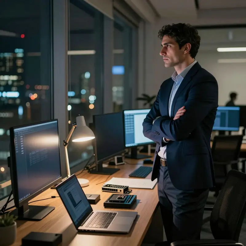 A director reflects in a quiet office at night while assessing a troubled technology stack.