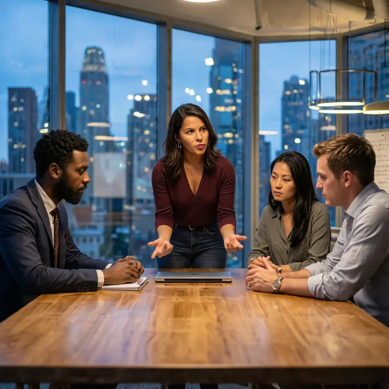 A group of ecommerce founders meet in a glass-walled office overlooking a city as they discuss ecommerce metrics to track for growth.