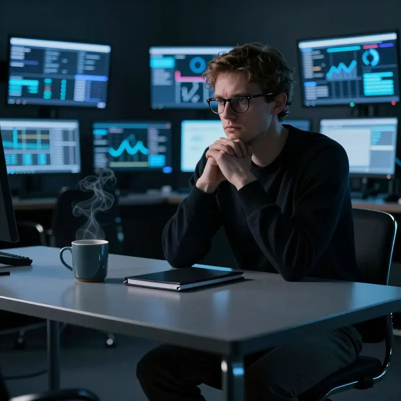 A data scientist sits in a dim control room, thinking quietly in front of blurred dark screens.