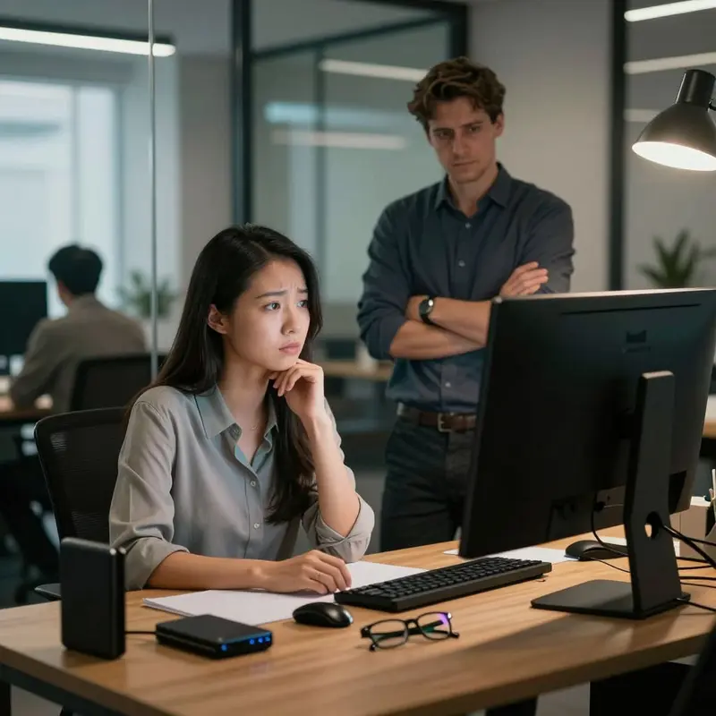 Two professionals sit before a dark monitor, conveying concern over excessive data collection on minors.