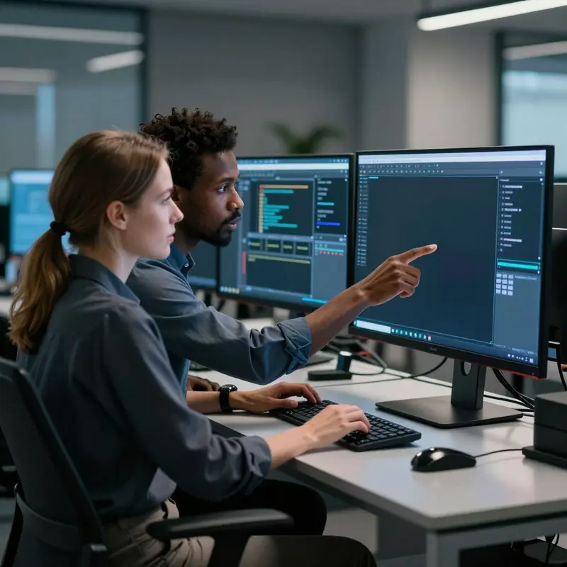 A director and engineer collaborate closely at a workstation during a critical rollout window.