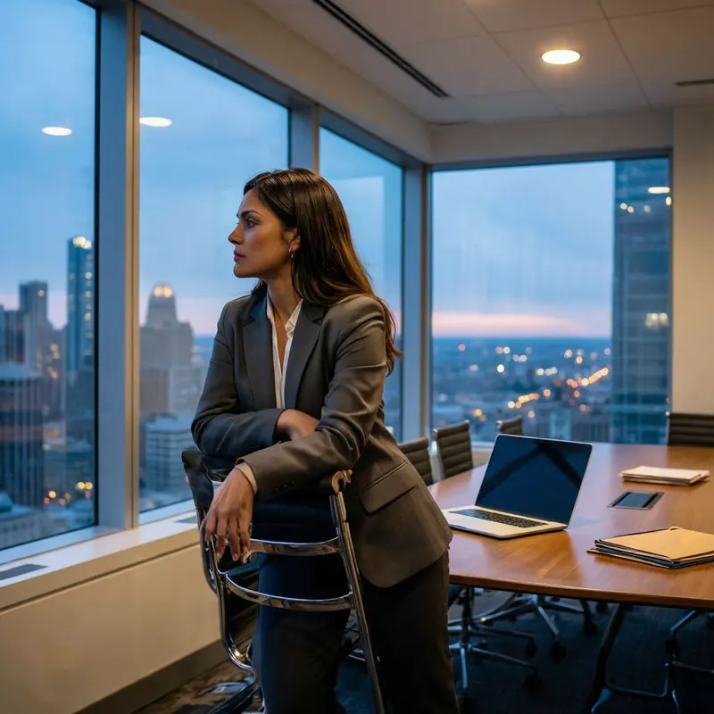 An executive stands in a twilight office overlooking a city while planning CCPA automated decision compliance for automated systems.