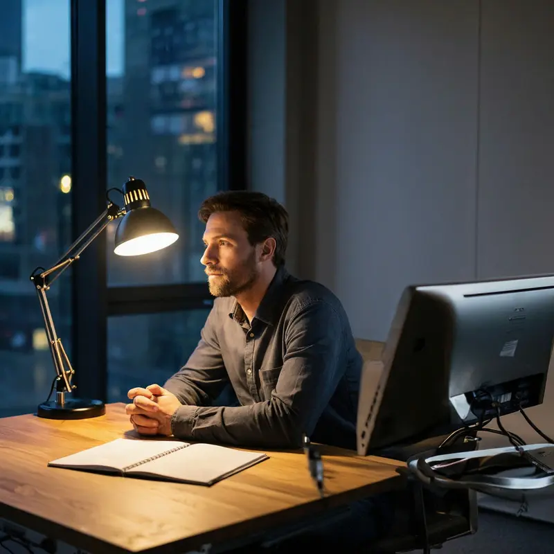 A founder reflects at a desk late at night, lit by a single lamp and city glow.