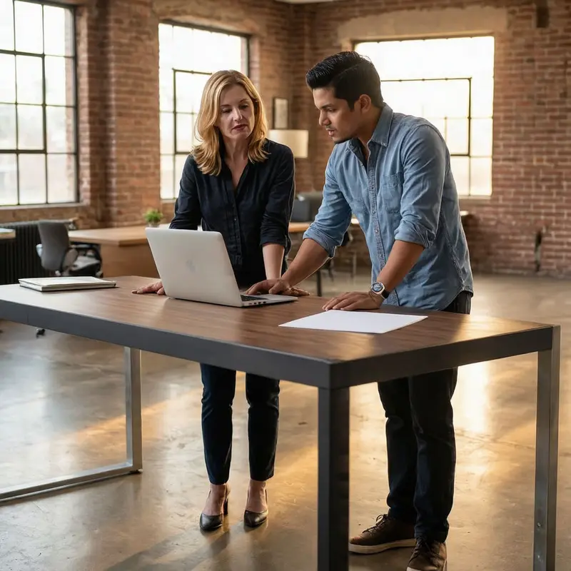 Two ecommerce founders discuss long-term value strategy in a modern loft office.