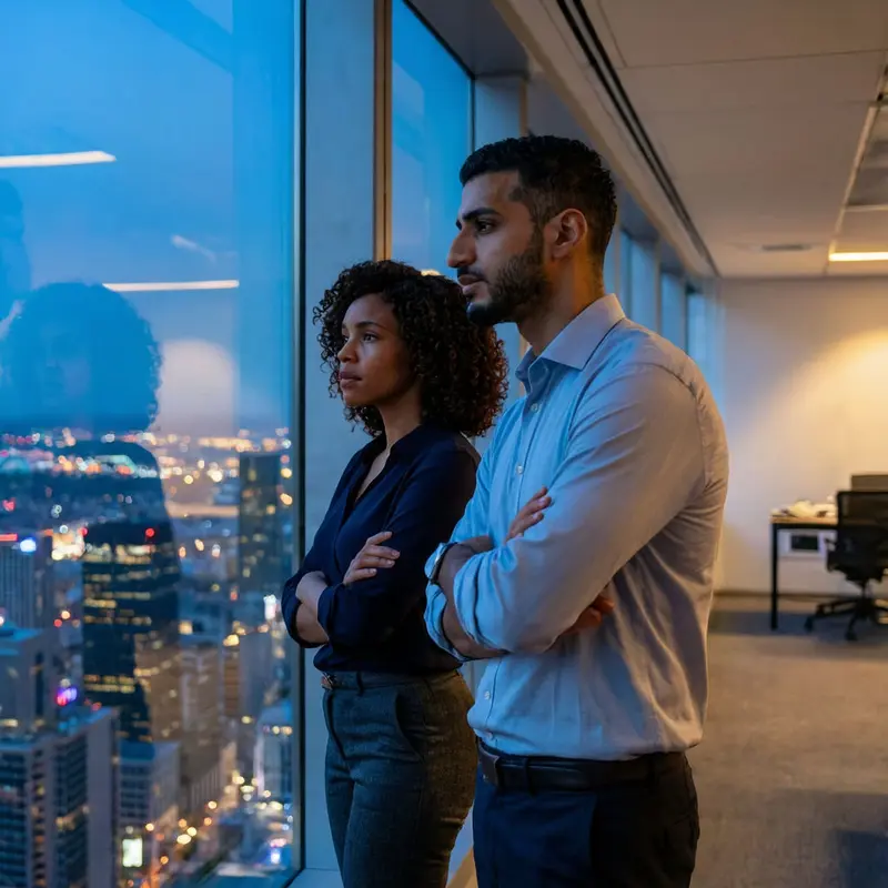 Founders quietly study a glowing city skyline from a high-rise office at dusk.