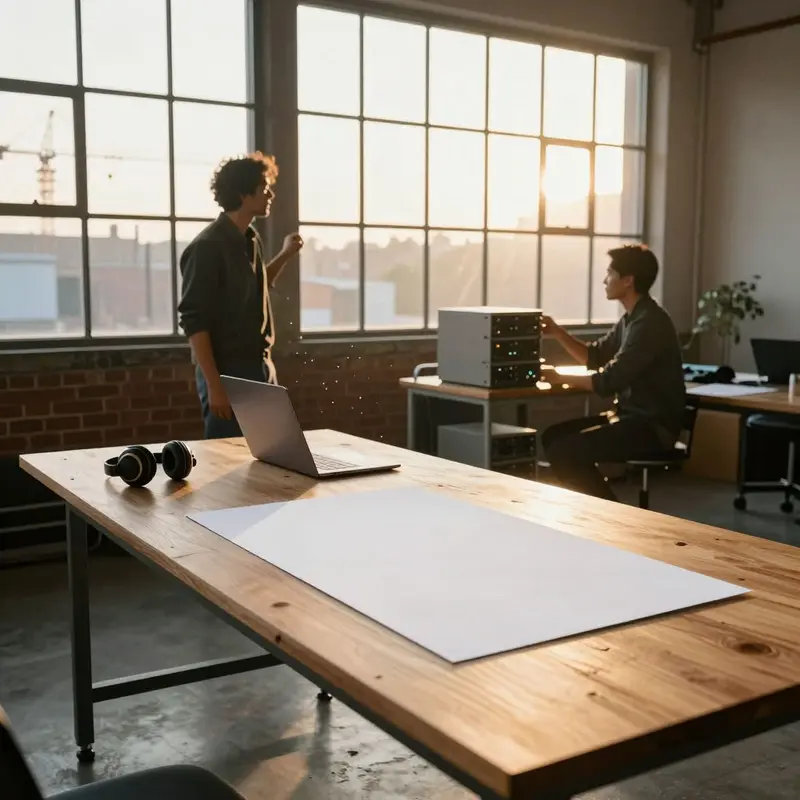 Strategists in a sunlit loft workspace contemplate compact compute hardware at sunrise.