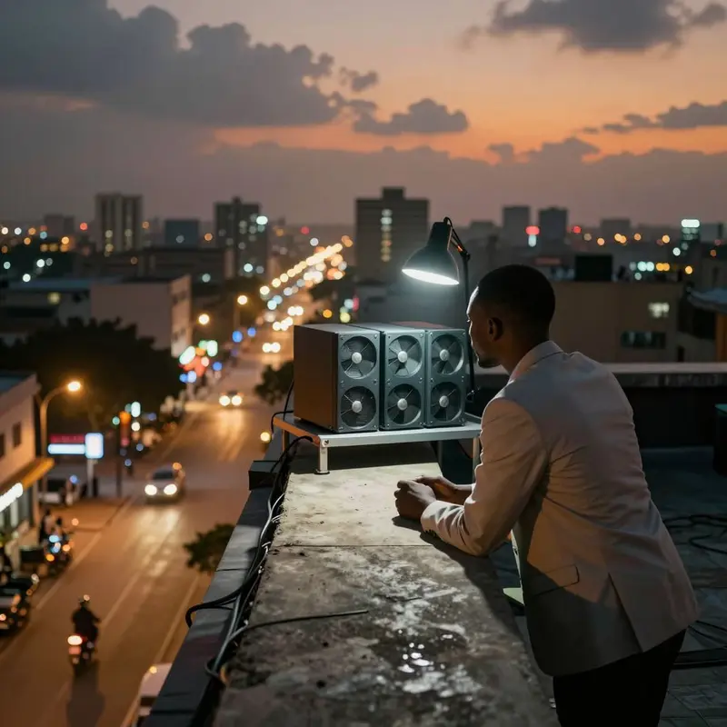 An analyst on a rooftop surveys a bustling city while rugged edge servers hum behind them.
