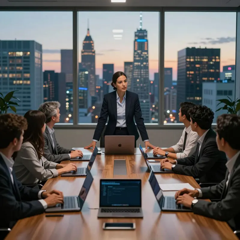 Hispanic ecommerce director standing at the head of a boardroom table preparing for a decisive headless commerce rollback discussion.