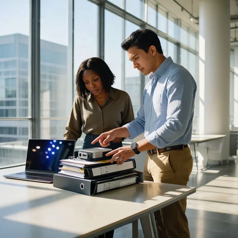 Colleagues in a modern office coordinate around a table as they assemble infrastructure for a reusable compliance process.