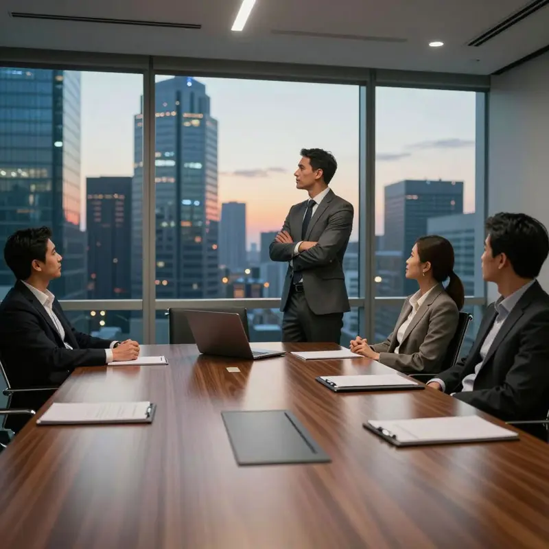 Executives in a glass-walled boardroom look out over a city skyline at dusk.