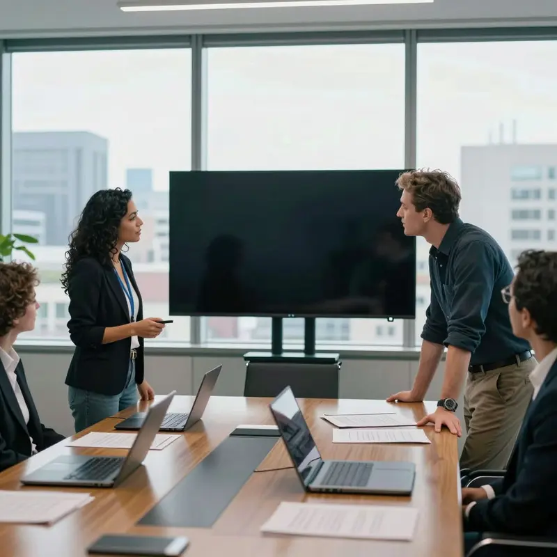 Team leaders in a glass-walled conference room discuss criteria for a technology rollback plan.