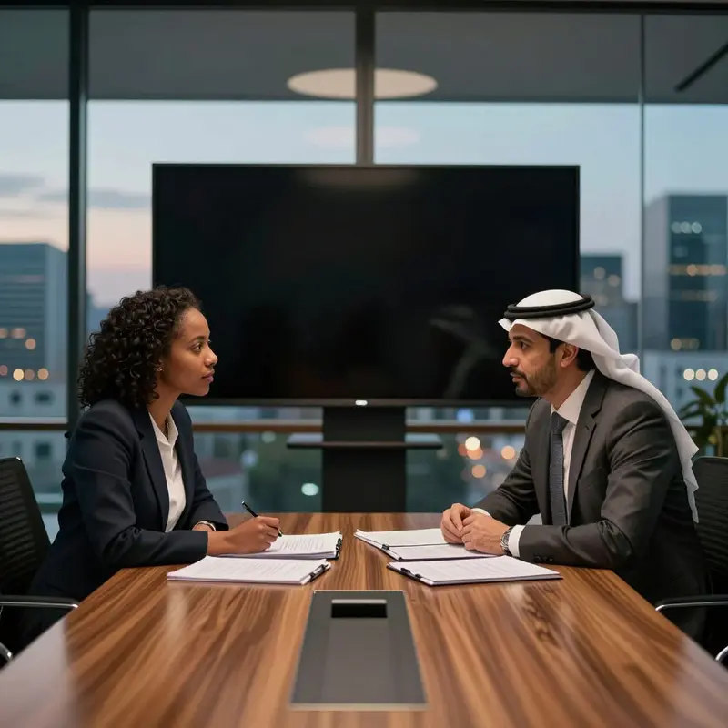 Compliance and IT leaders confer in a conference room overlooking the city.