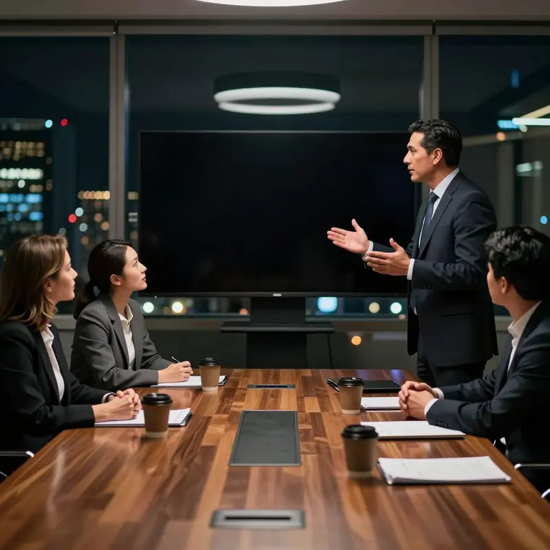 Executives in a late-night boardroom discussion about retail AI investment decisions.