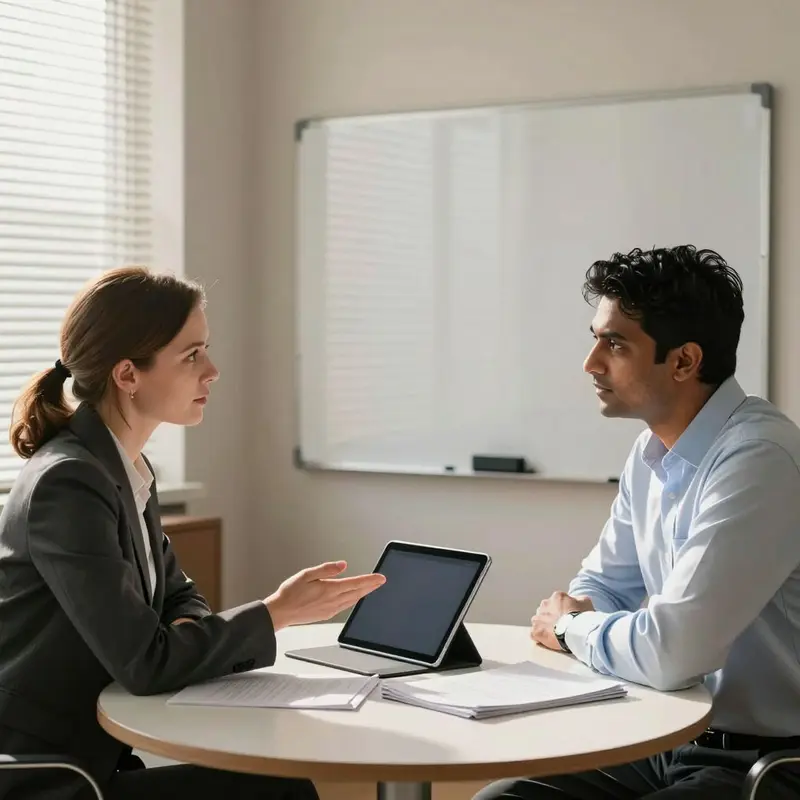 Two executives finalize a balanced, auditable hybrid workflow in a sunlit office.