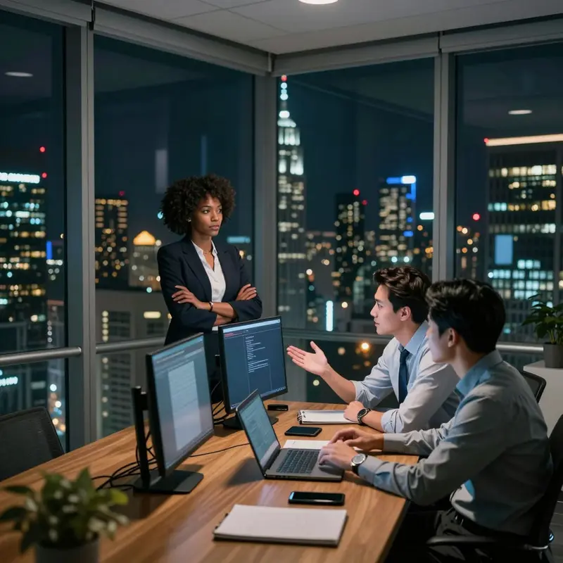 Ecommerce strategy chiefs in a city office at night reflect on AI automation in ecommerce and workforce shifts.