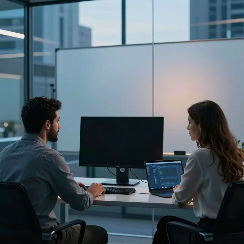 Two strategy leaders quietly review how AI is reshaping responsibilities in a dim office.