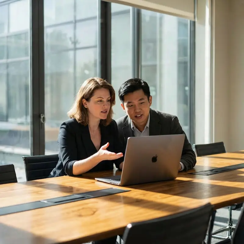 Two team members collaborate over a laptop in a bright conference room.
