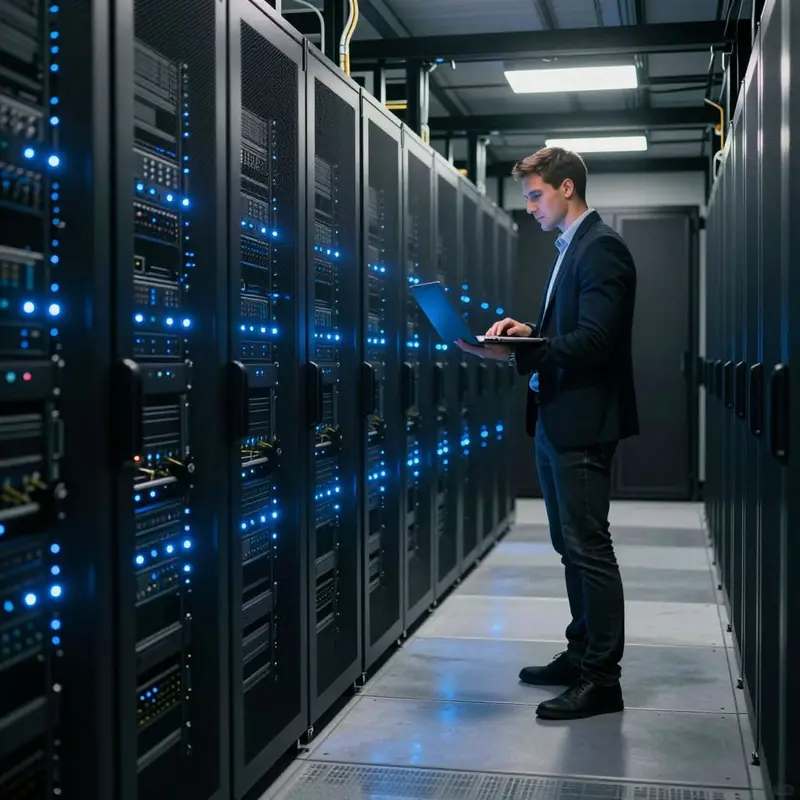 Engineer inspecting server racks in a European data center hallway.