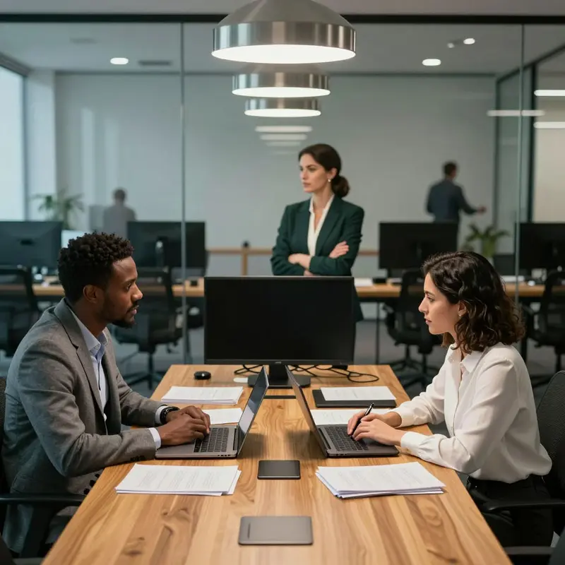 A team in a glass-walled room evaluates their technology stack for accountable compliance operations.
