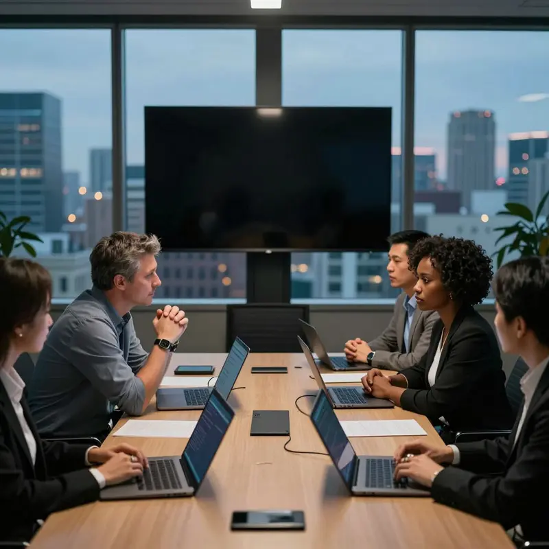 Trust safety leaders meet in a city conference room at dusk, visually representing AI child safety failures weighing on decision makers.
