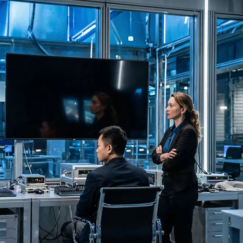 An operations team watches a dark monitor wall in a glass-walled room, symbolizing continuous oversight of automated decisions.