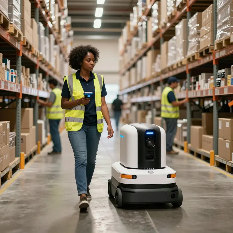 A warehouse supervisor walks alongside an autonomous robot navigating a fulfillment aisle.