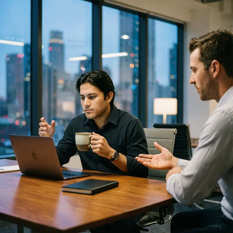 Two ecommerce managers review AI-generated product messaging in a modern office.