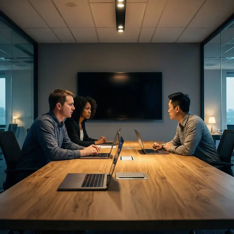 Three product managers of different ethnicities sit before a dark screen and closed laptops, reflecting on ChatGPT memory privacy risks and trust.