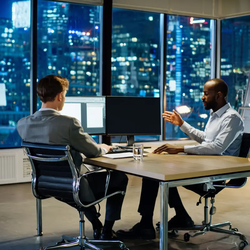 Two specialists collaborate late at night to refine an AI-driven recommendation engine.