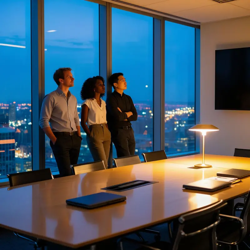 AI startup founders in a high-rise office at dusk, embodying AI startup move fast backlash and a shift toward calmer strategy.