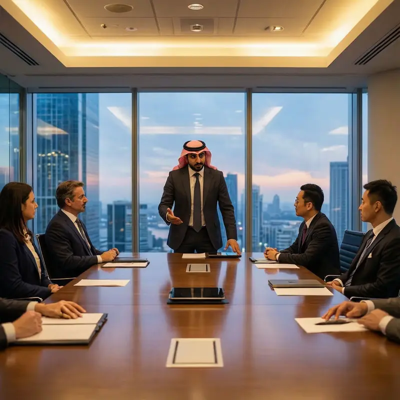 Executives review long-term automation investment decisions in a city-view boardroom.