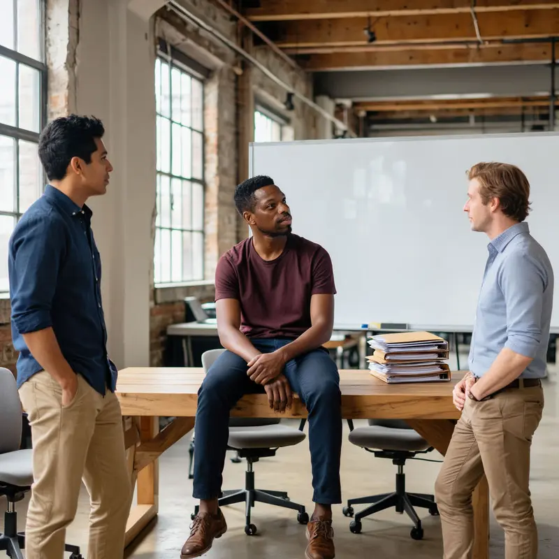 A small team quietly discusses measured outcomes in a calm loft office.