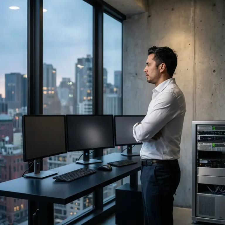 E-commerce director in a high-rise office considering OpenClaw AI shopping agents with dark computer systems nearby.