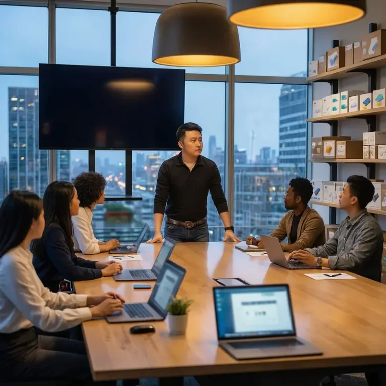 Ecommerce team in a glass-walled office reviewing product performance to plan ecommerce product page optimization across the catalog.
