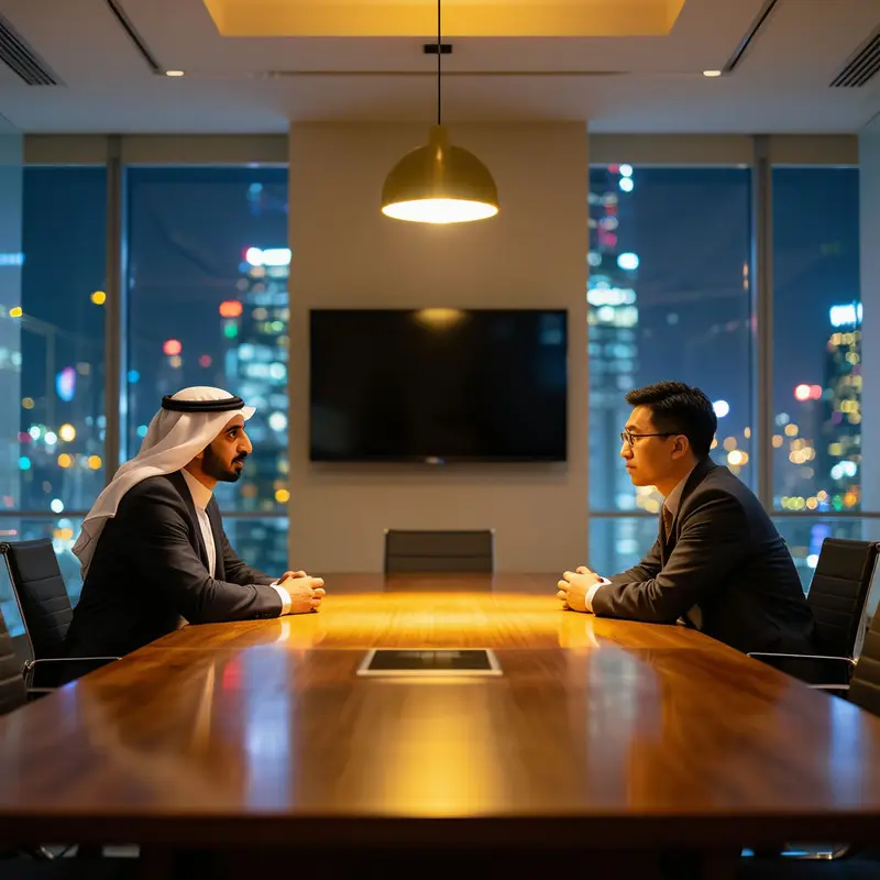 An investor and founder share a focused conversation in a quiet boardroom at night.