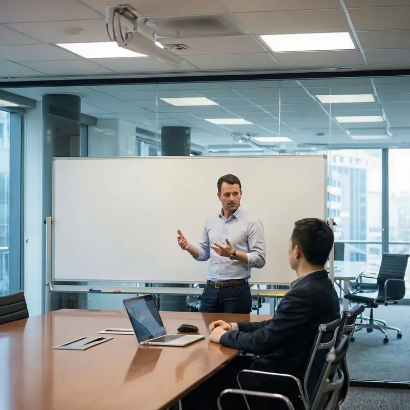 Colleagues discuss navigation strategy beside a blank whiteboard in a glass-walled room.