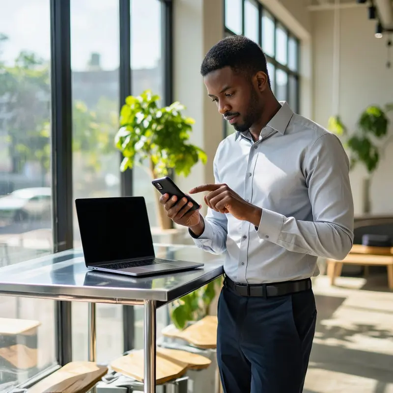 An ecommerce director tests a mobile purchasing flow on a smartphone in a bright office.