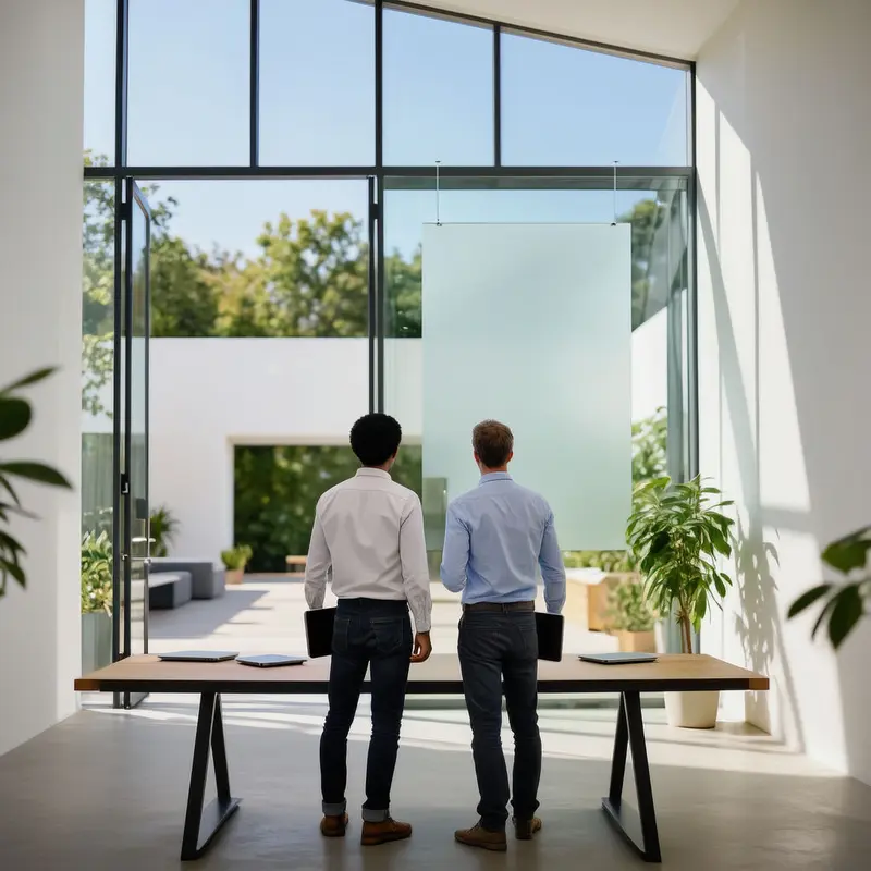 Two colleagues stand in a bright studio, looking toward a sunlit terrace and open sky.