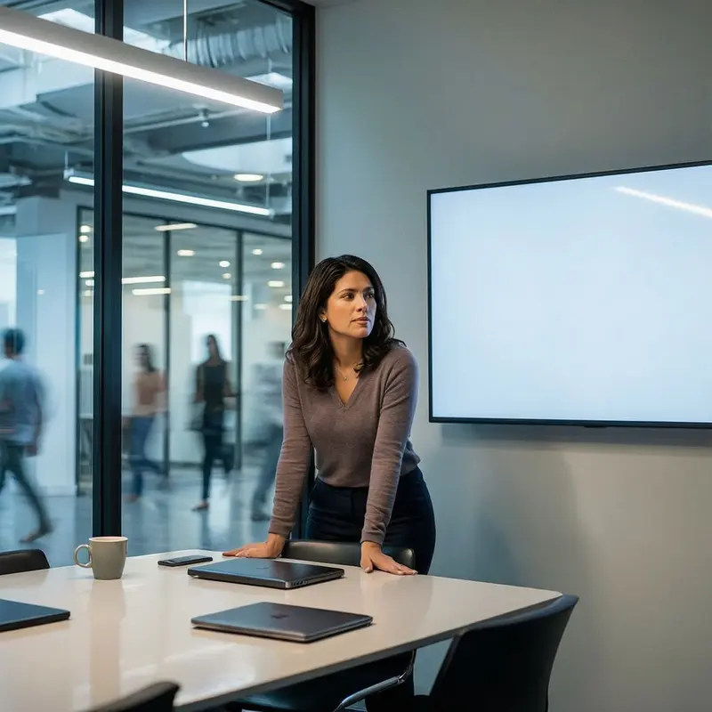A PM studies a blank screen in a glass meeting room, weighing speed, security, and retained AI risk.