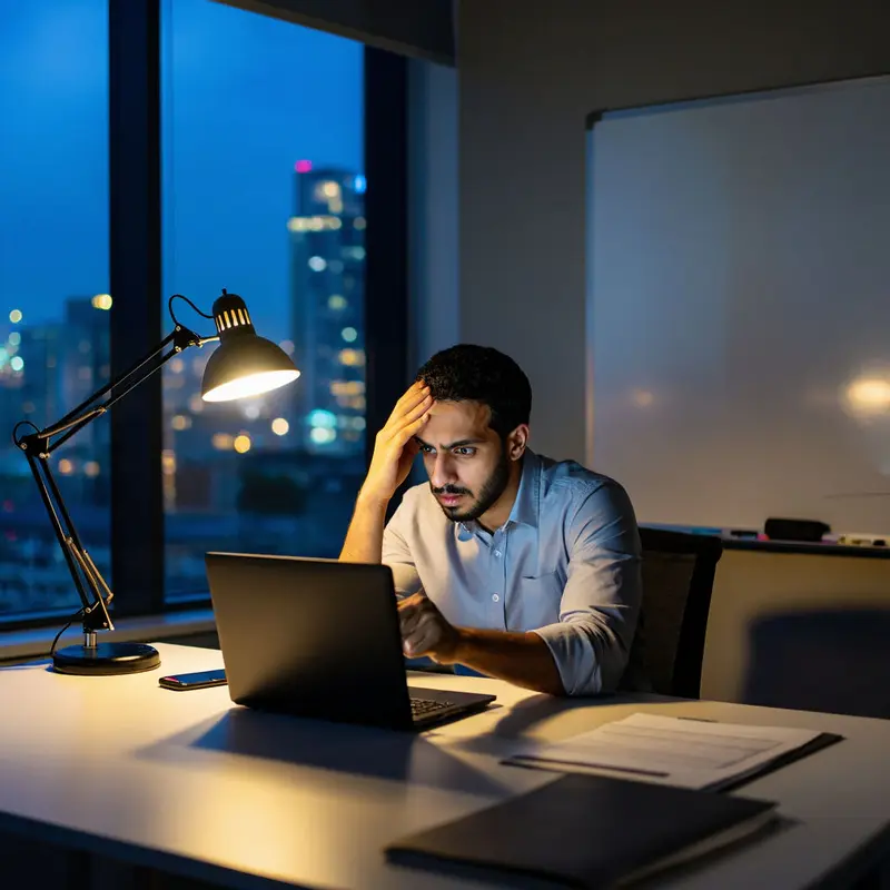 A worried PM sits late at night in front of a dark laptop, contemplating AI memory privacy risks.