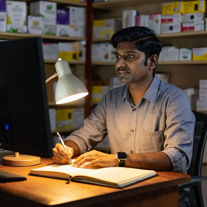 An analyst studies a screen in a quiet office while refining a focused SEO strategy.